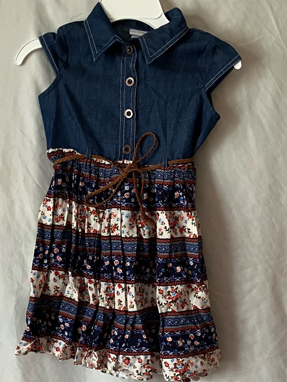 Sweet Heart Rose Navy Chambray Top Floral Tiered Skirt Dress size 6.